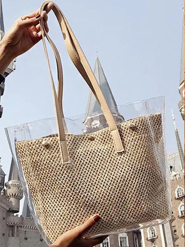 Women's Causal Snap PVC Woven Straw Tote Bag