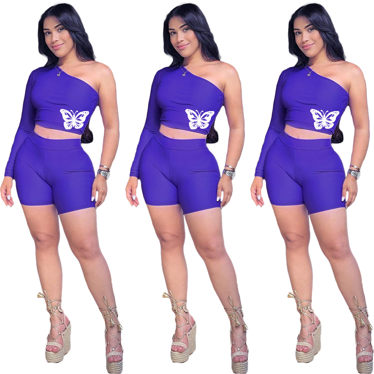 Sloping shoulder sexy casual cross-border butterfly two-piece suit YIY1294