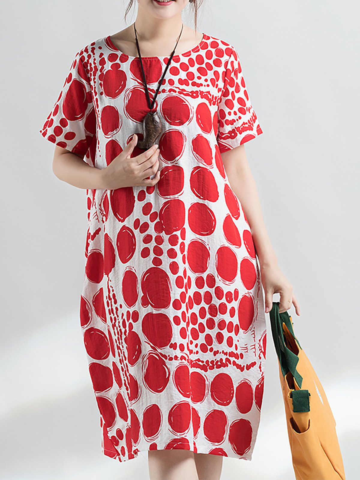 Short Sleeve Polka Dots Crew Neck Printed Casual Midi Plus Size Dress