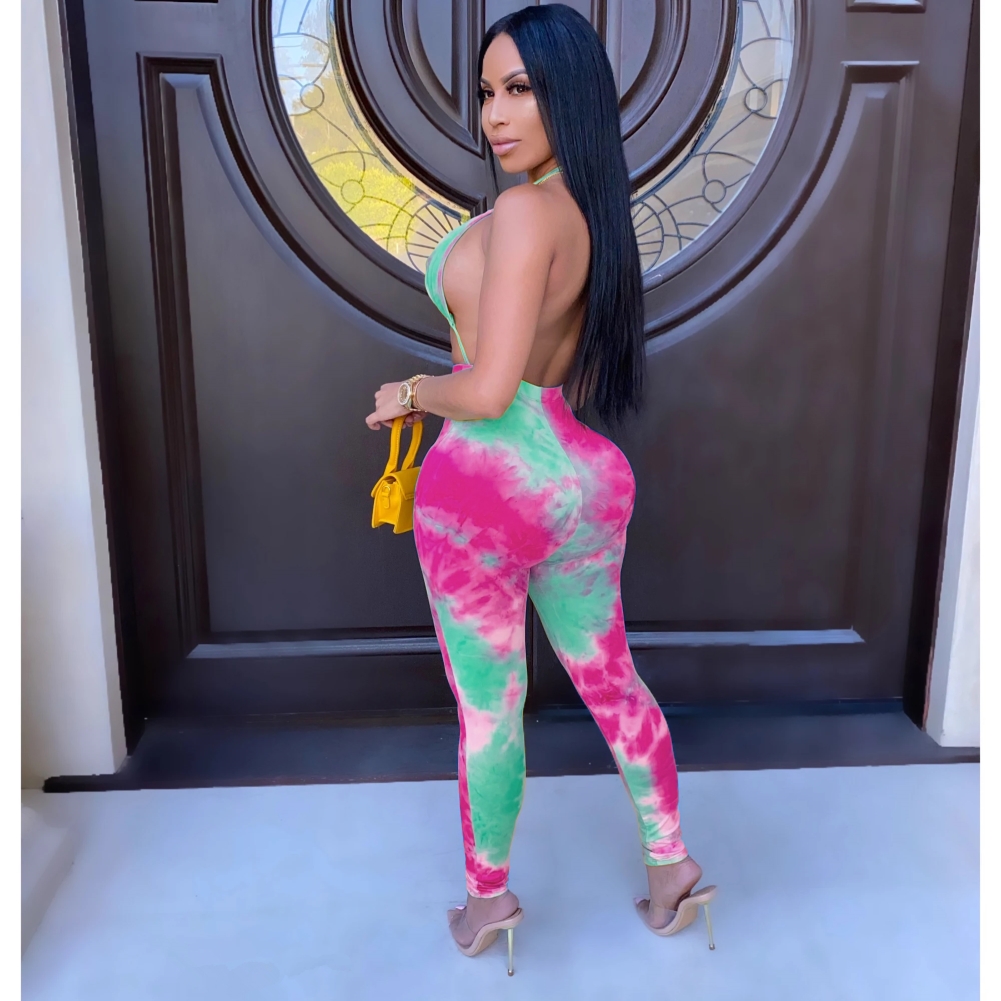 Sexy Tie Dye Halter Bodycon Jumpsuit