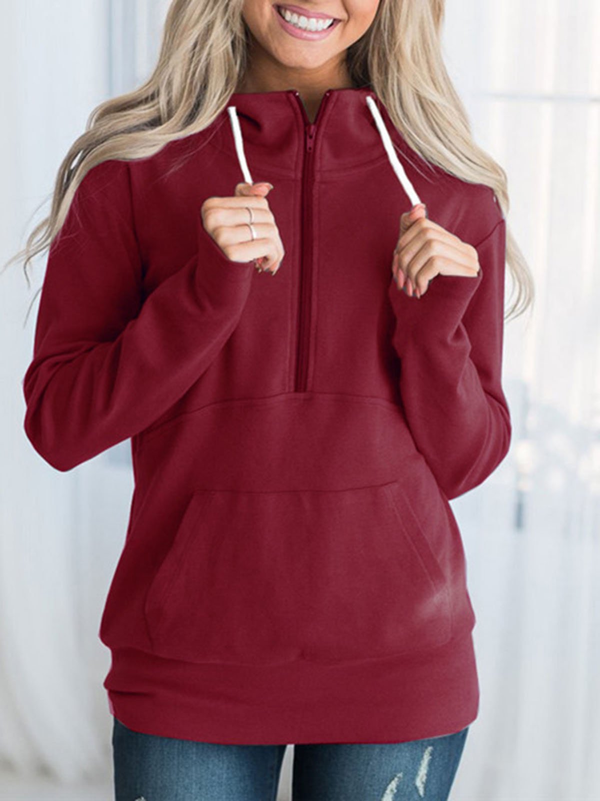 Long Sleeve Casual Zipper Solid Plus Size Hoodies