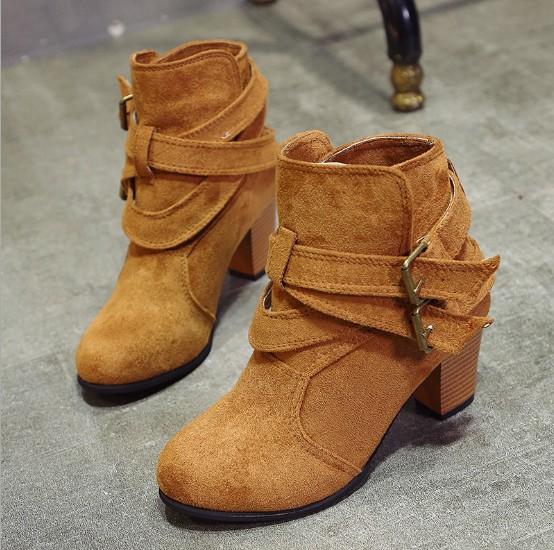 Coffee Plus Size Spring/Fall Adjustable Buckle Suede Chunky Heel Boots