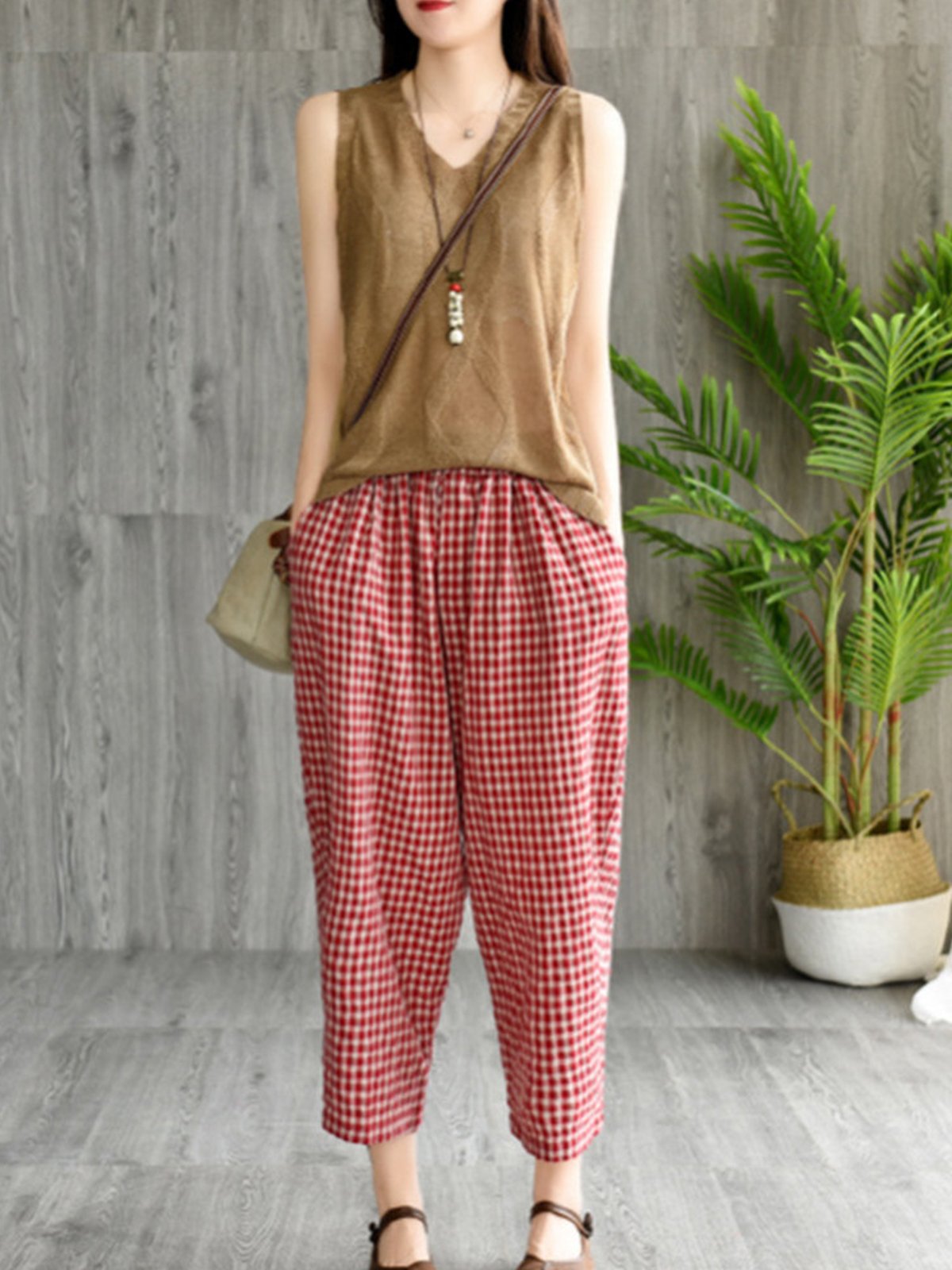 Plaid Elastic Waist Vintage Harem Pants