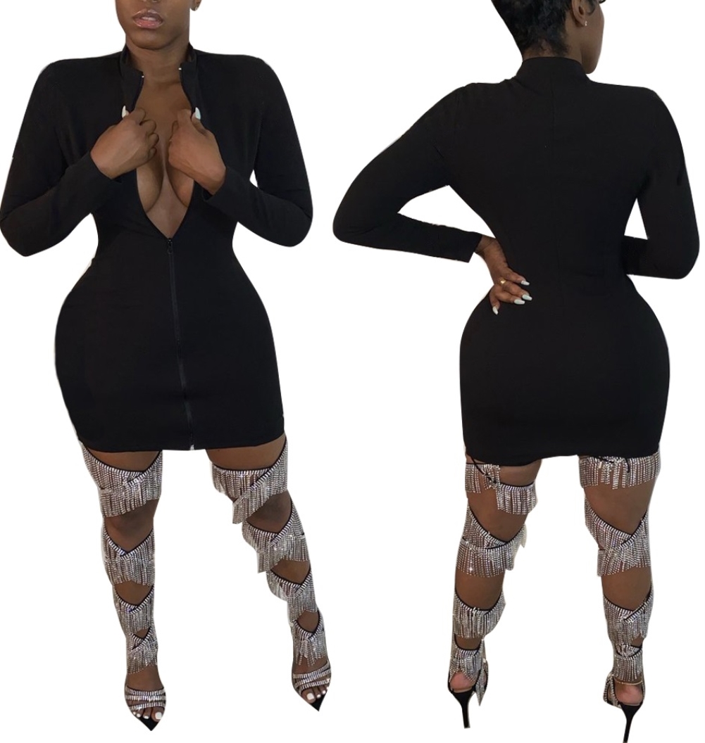 Sexy Black Long Sleeve Zipper Bodycon Dress