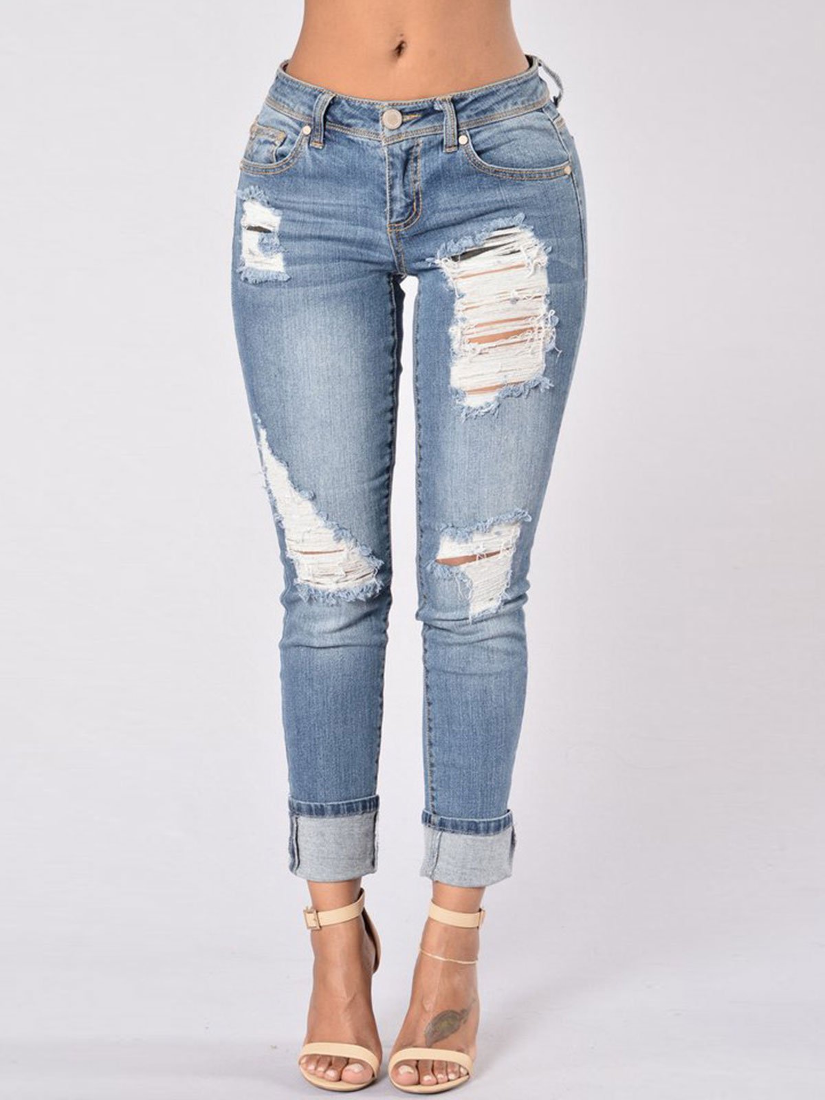 Worn Hole Patchwork Gradient Pocket Jeans