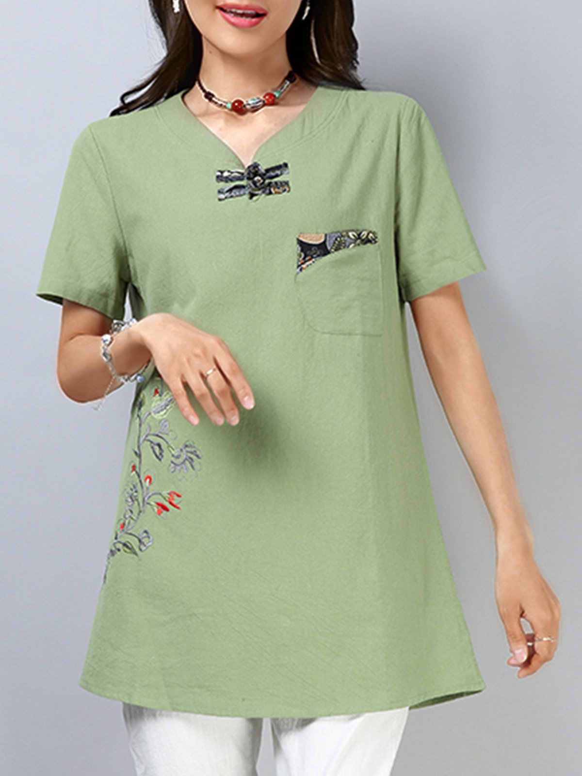 Plus Size Women Short Sleeve V Neck Vintage Floral Casual Tops