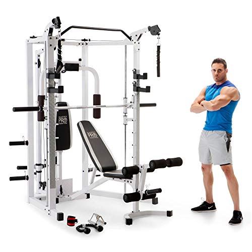 Marcy Smith Cage Combo Machine with Workout Bench Weight Bar for the Ultimate Workout- White
