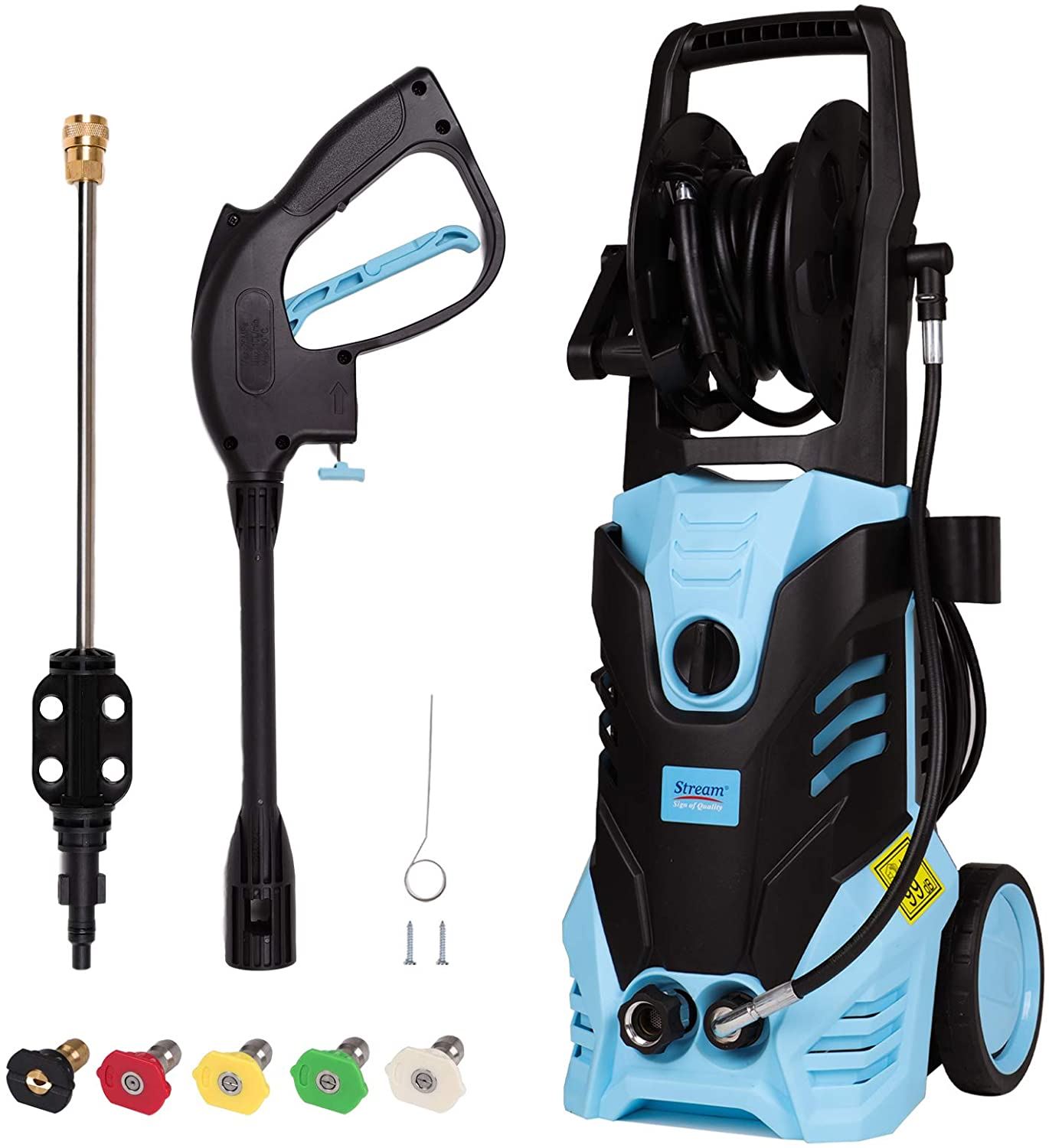 Portable High Power Washer with Spray Gun 5 Nozzle Adapter, Hose Reel and Detergent Tank