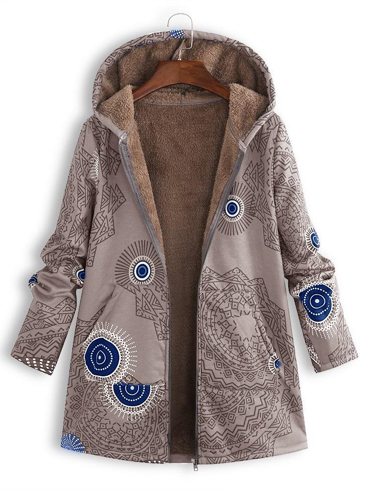 Ethnic Print Fleece Zipper Hooded Autumn Winter Coat