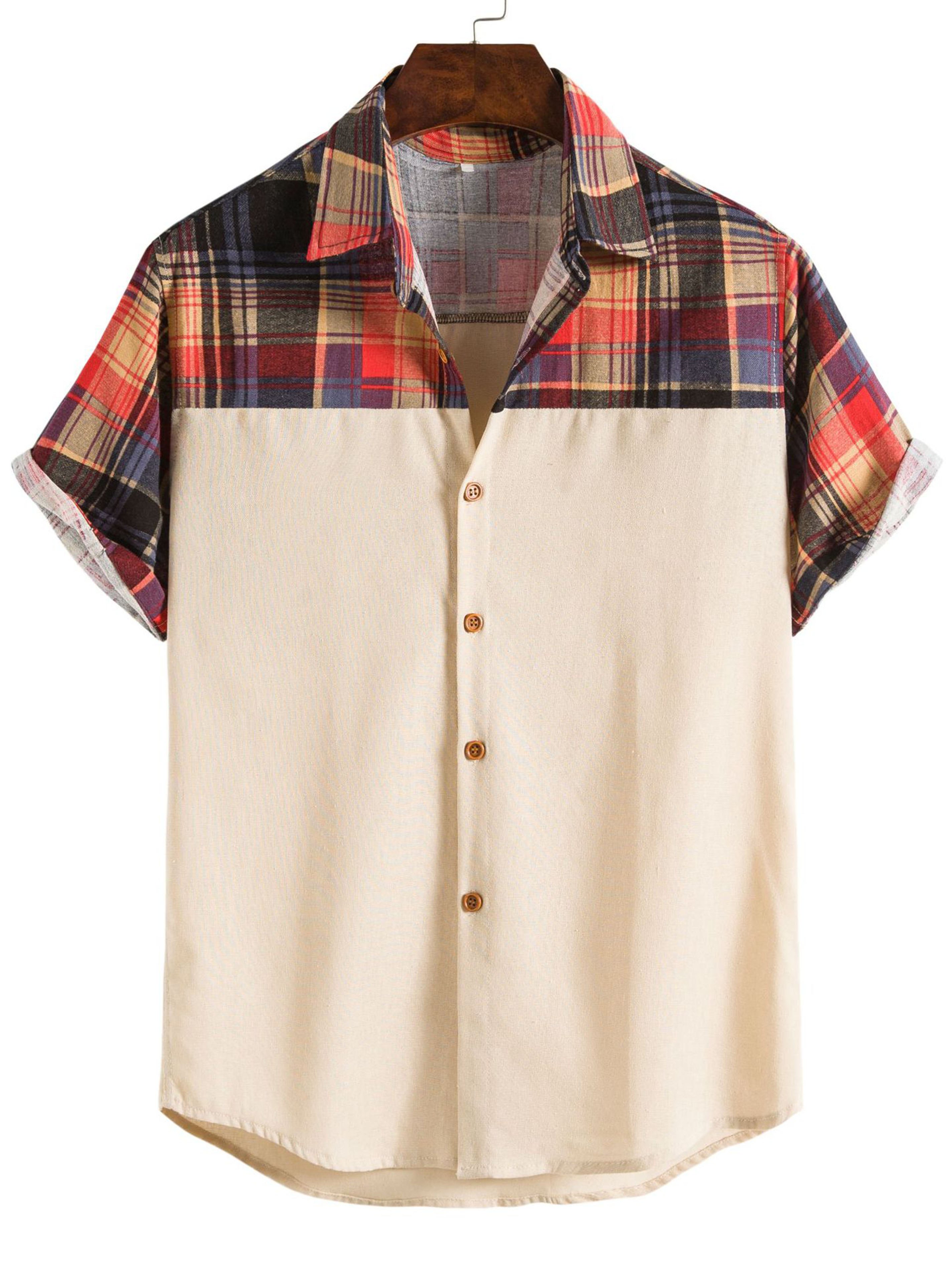 Men's Plaid Patchwork Button Short Sleeve Shirt