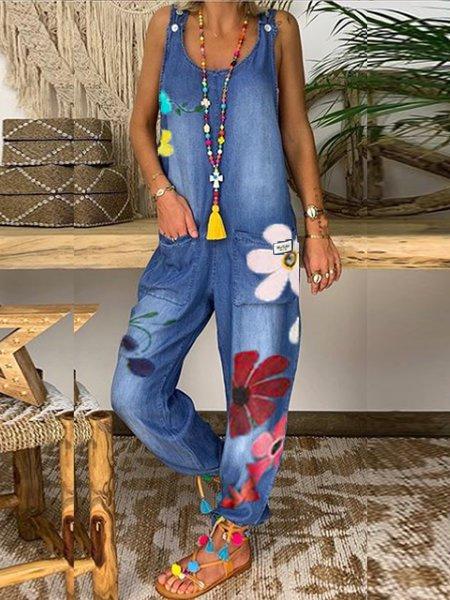 Floral Denim Sleeveless One-Pieces