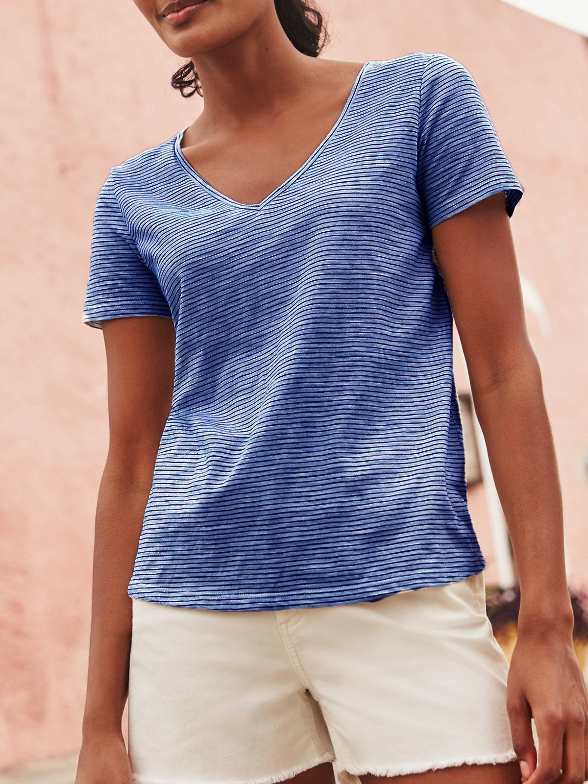 V Neck Short Sleeve Plain Cotton-Blend Shirts & Tops