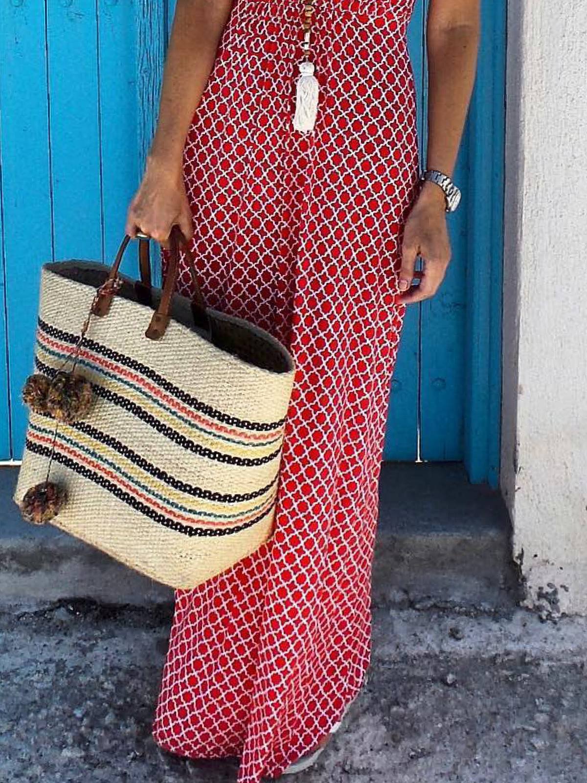 Red Halter Casual Geometric Floral-Print Dresses