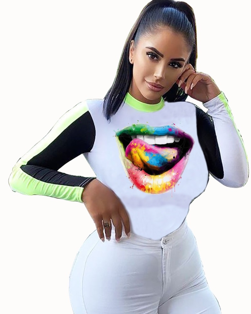 Autumn Lips Print Long Sleeve Basic Shirt