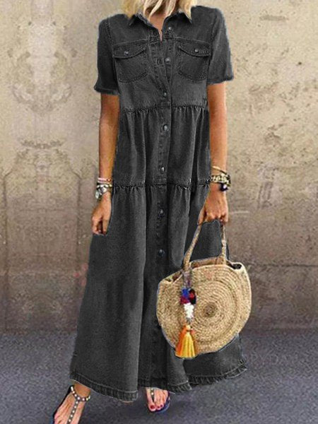 Blue Plain Denim Short Sleeve Shirt Collar Dresses