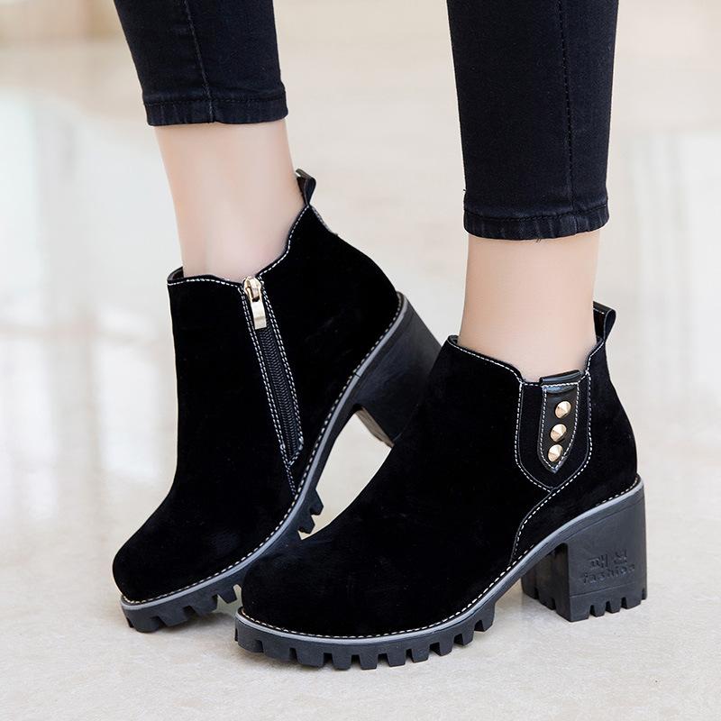 Women Spring Ankle Zipper Chunky Heel Suede Boots