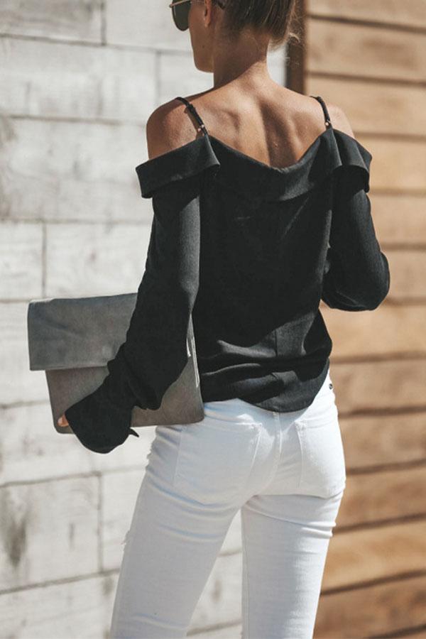 Sexy Off Shoulder Pure Color Long Sleeve Chiffon Strap Shirt