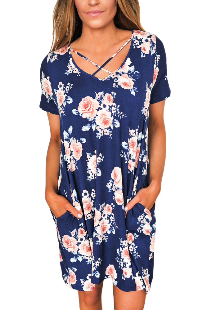Blue Cross Strap Neck Summer Floral Dress
