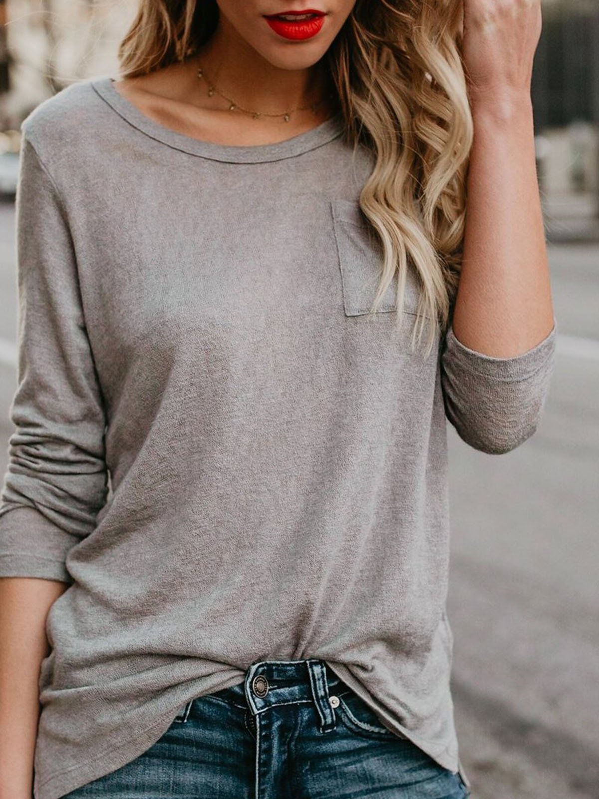 Cotton Crew Neck Solid Long Sleeve T-Shirt