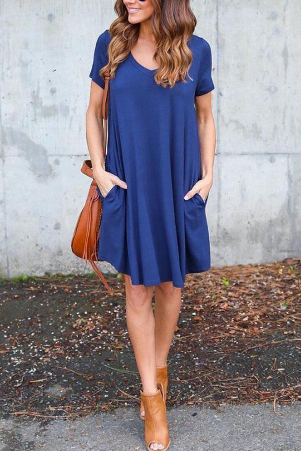 V Neck  Patch Pocket  Plain  Short Sleeve Casual Dresses