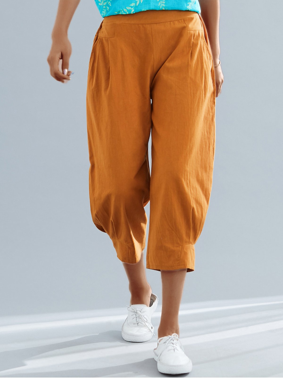 Plus Size Women Solid Cotton And Linen Casual Loose Wide Leg Cropped Trousers