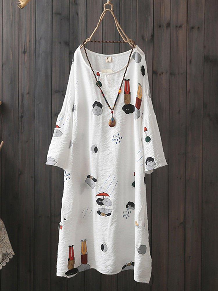 Round Neck Short Sleeve Floral Cotton-Blend Dresses
