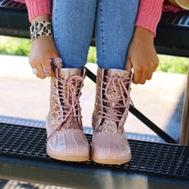 Women Casual Lace-Up Sparkling Glitter Pu Boots