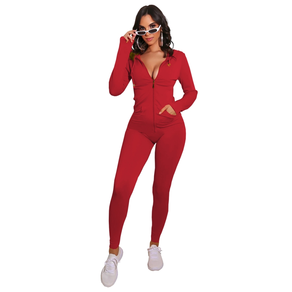Autumn Sports Fitness Solid Plain Zip Up Hoodie Jumpsuit