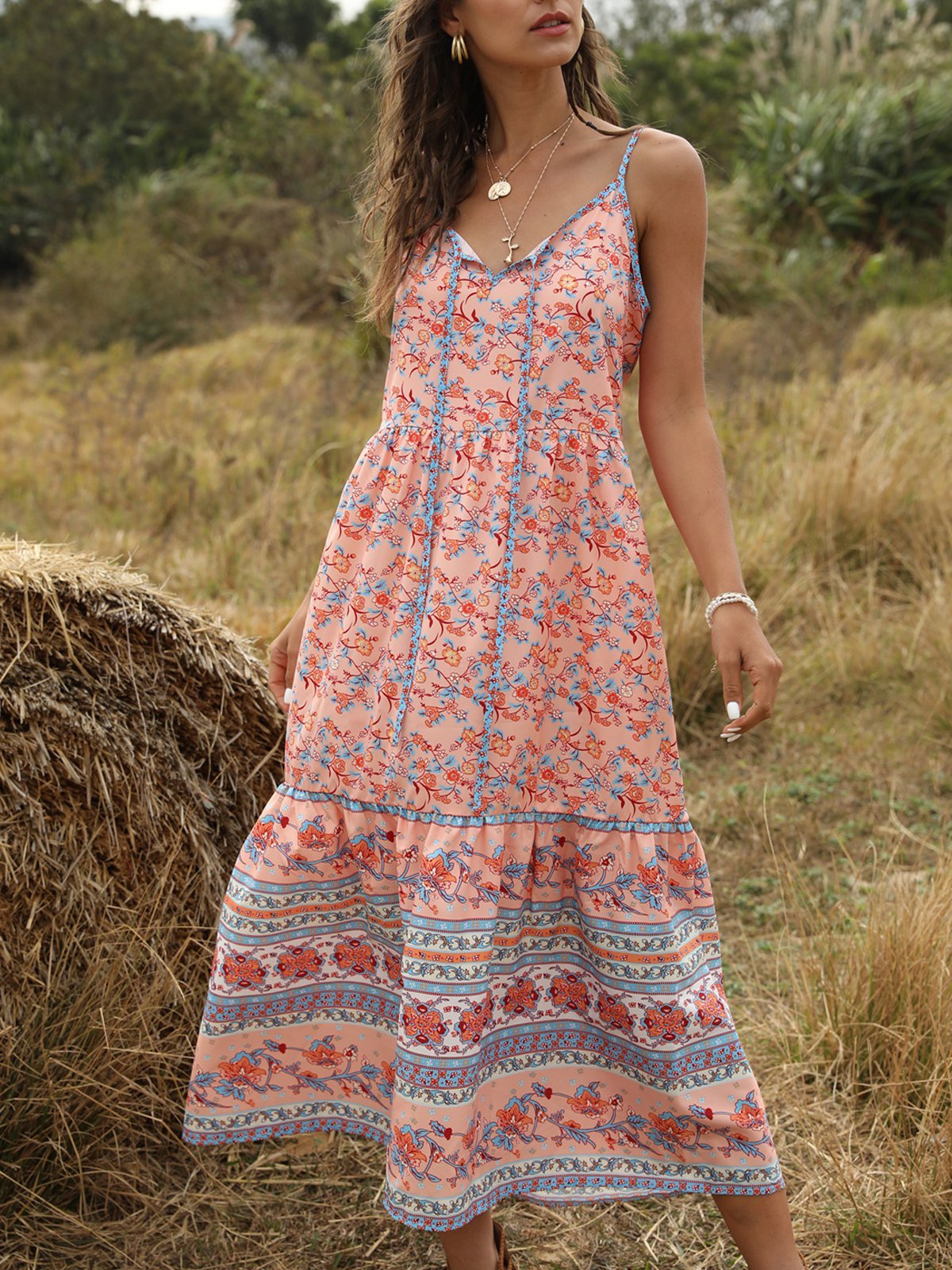 Pink Printed V-Neck Boho Sleeveless Dresses