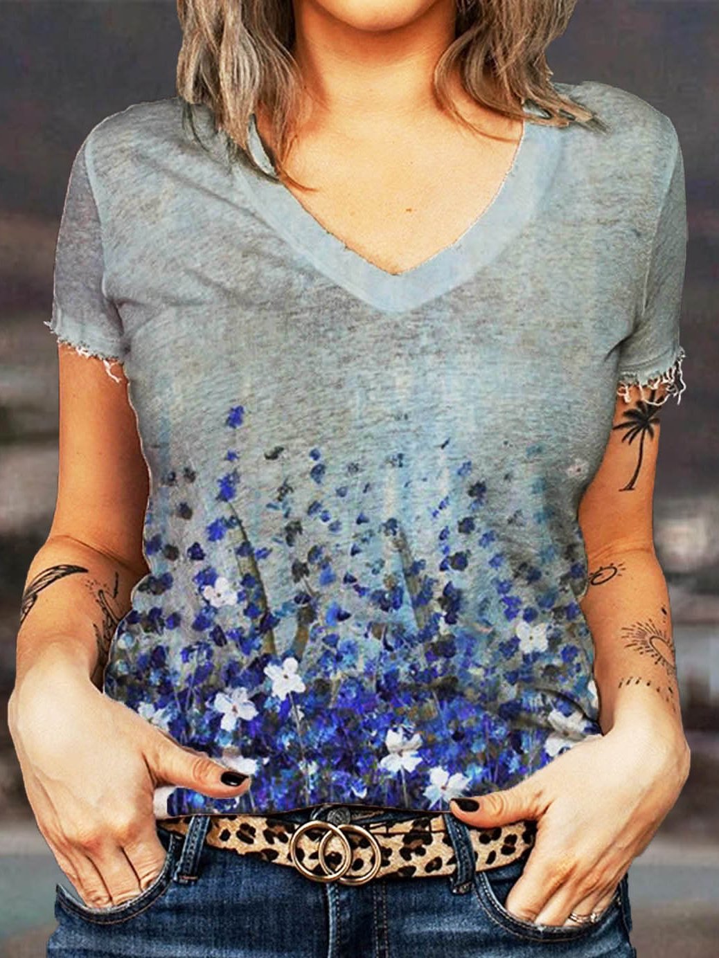 Short Sleeve Cotton-Blend Printed Vintage Shirts & Tops