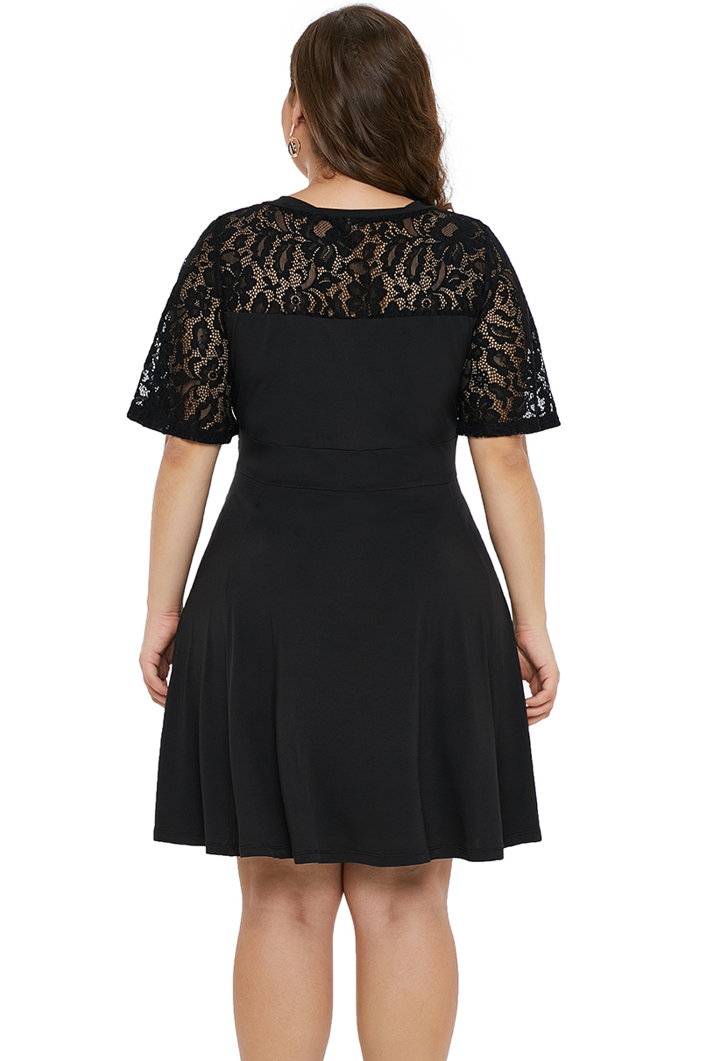 Black Short Sleeve Lace Patchwork Plus Size Skater Dress