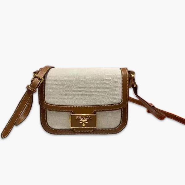 【原版皮】普拉达/Prada 马鞍包，帆布单肩包，标志性logo翻盖，撞色牛皮和进口帆布设计,显得格外时尚，厚实硬挺外形，不仅容量大能装，轻便又耐磨，各种场合不同衣着都可以搭配，款号：1BD217