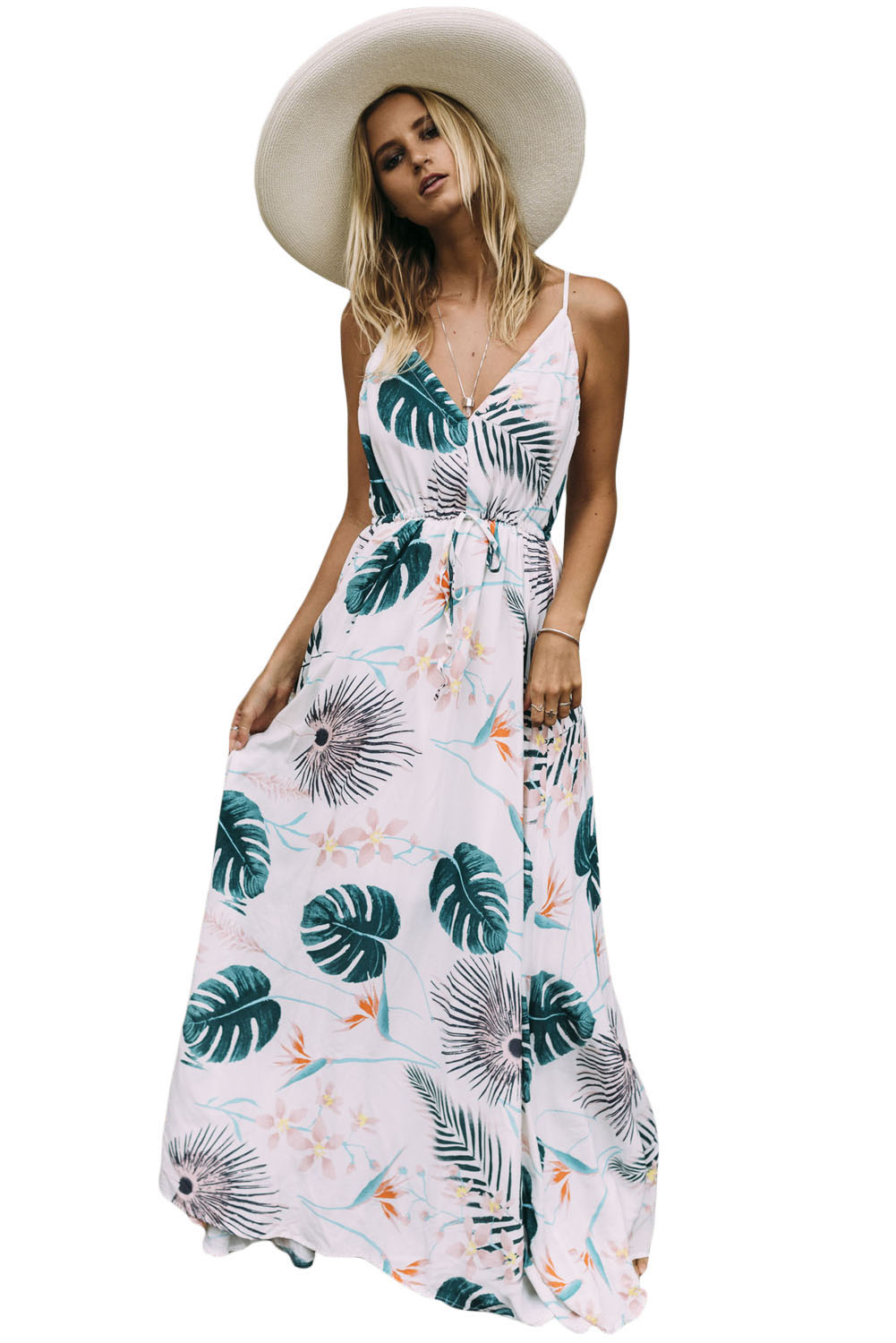 Foiled Flower Print Sexy V Neck Maxi Dress