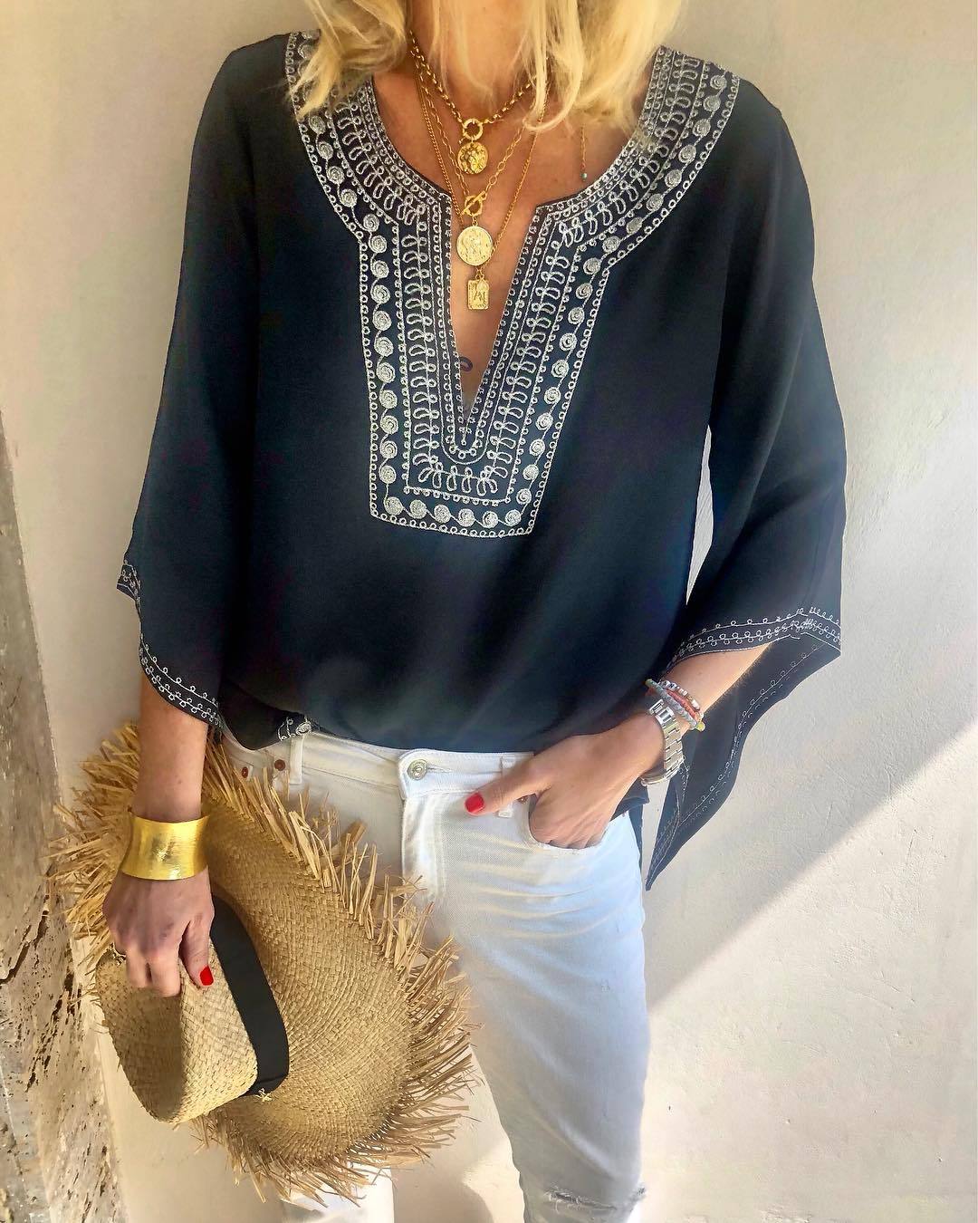 V Neck Vintage Floral-Print Shirts & Tops