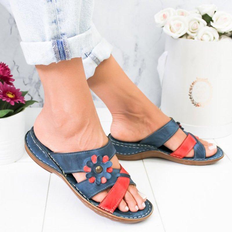 Women Flowers Summer Low Heel Pu Holiday Slippers