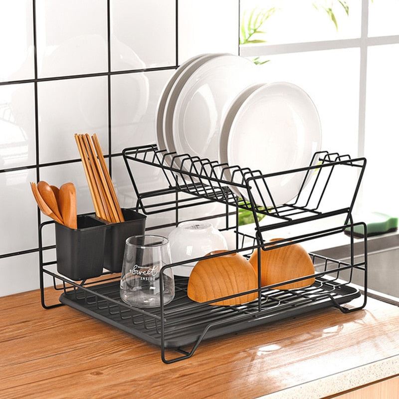 Double Rows Stainless Steel Dishes Drying Rack With Drain Board For Kitchen Counter