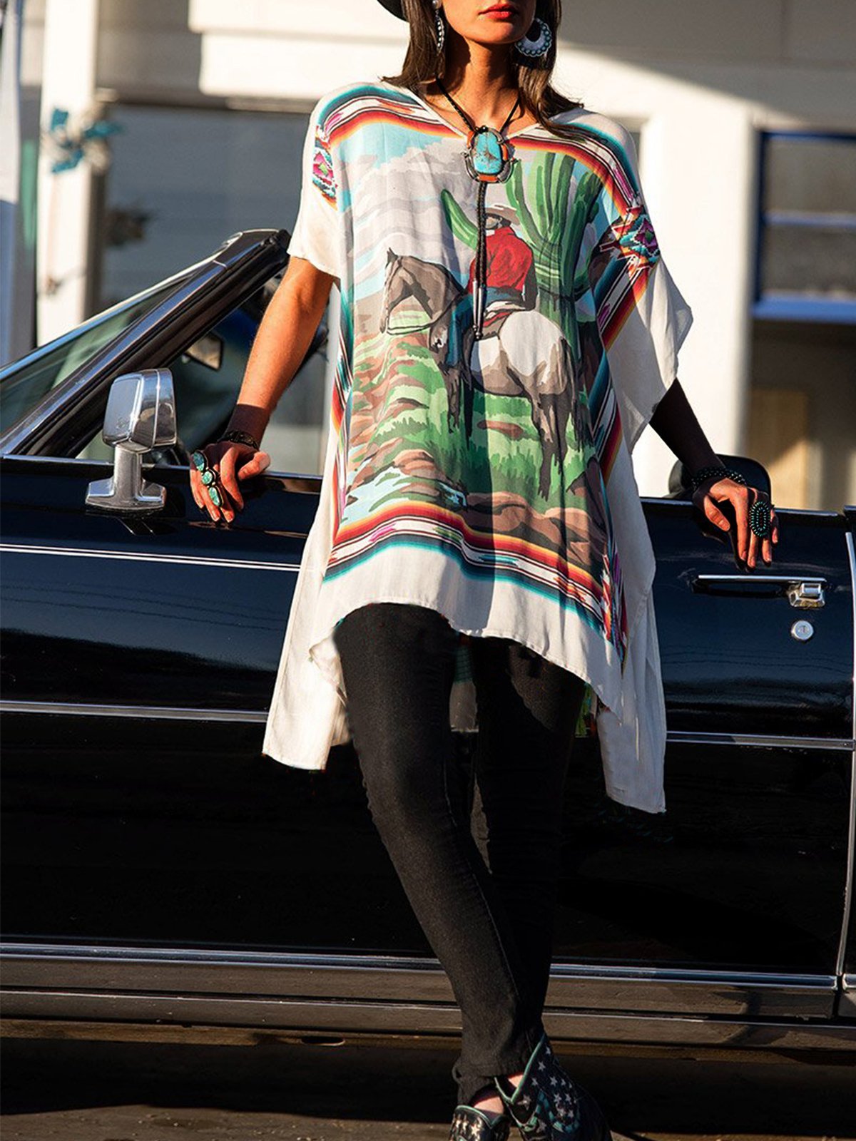 White V Neck Printed Holiday Jersey Shirts & Tops