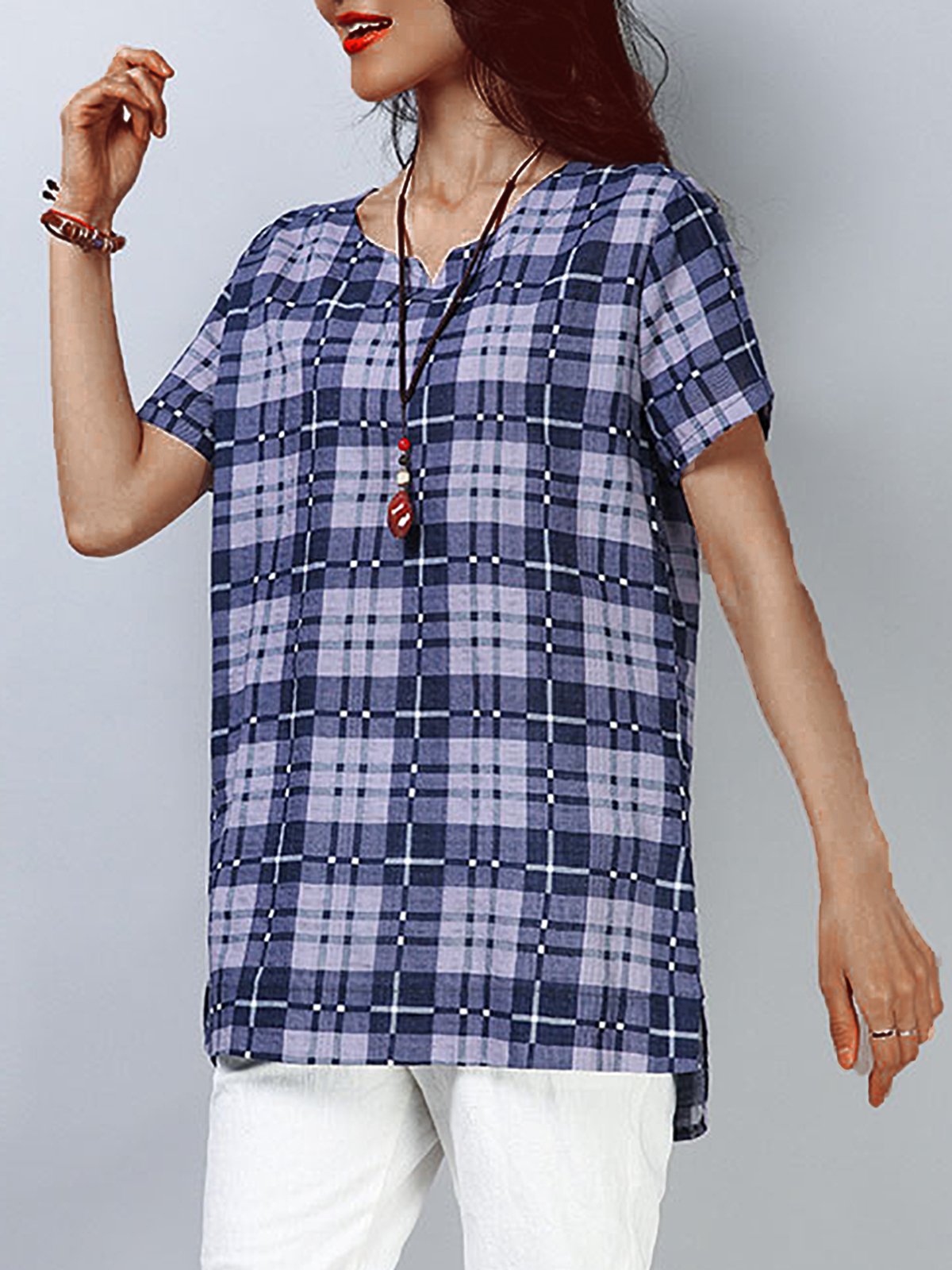 Plus Size Women Loose Cotton Plaid Short Sleeve Casual Tops