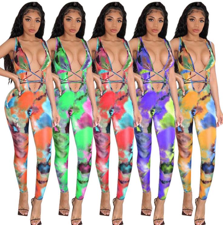 Womens Digital Burning Film Printed Wrapped Chest Tie Waist Temperament Commuter Contrast Color Jumpsuit SZ8037
