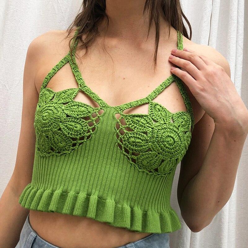 Women Crochet Knit Openwork Hanging Neck Sexy Sweater