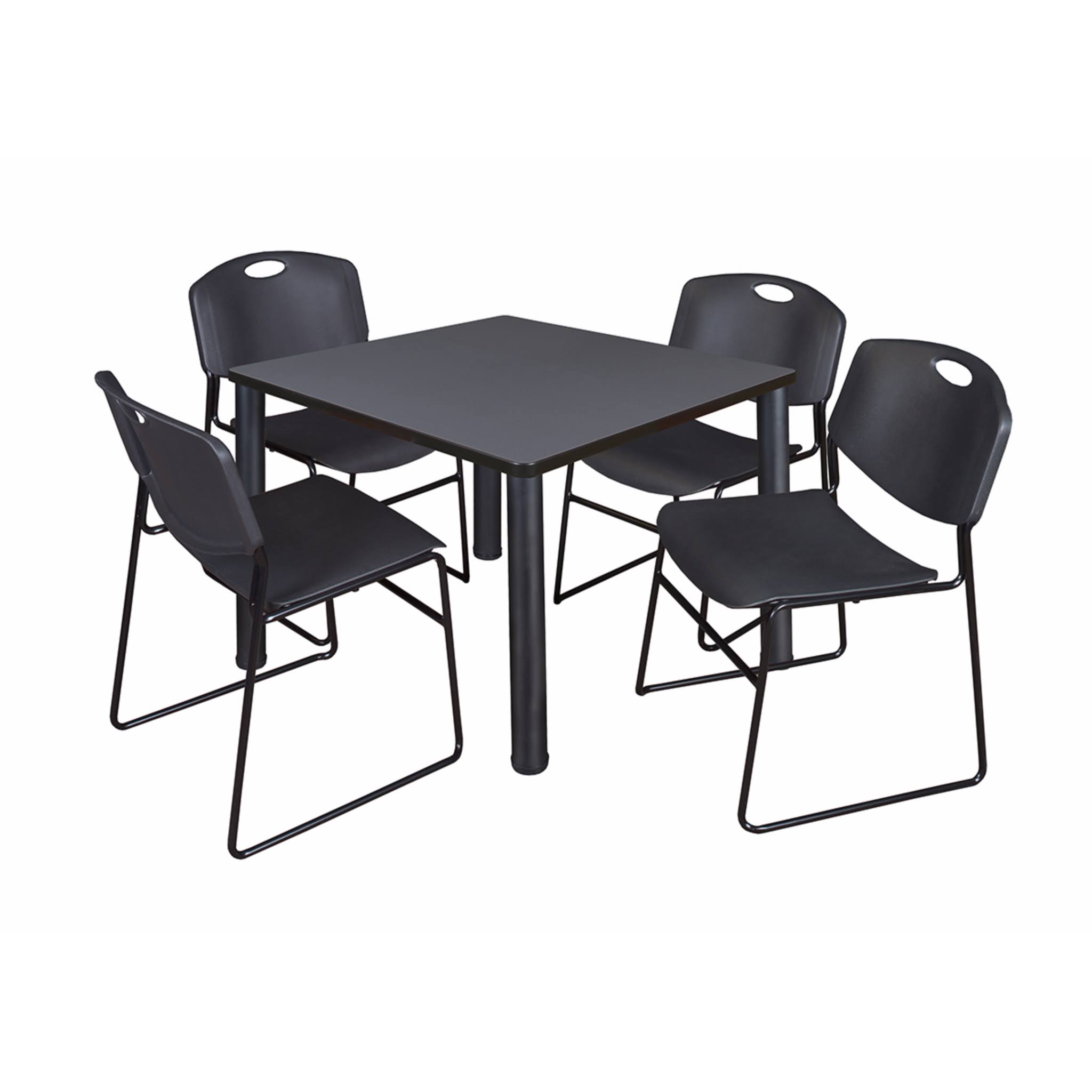 Regency Kee 42x22 Square Breakroom Table- Grey/ Black 4 Zeng Stack Chairs- Blue