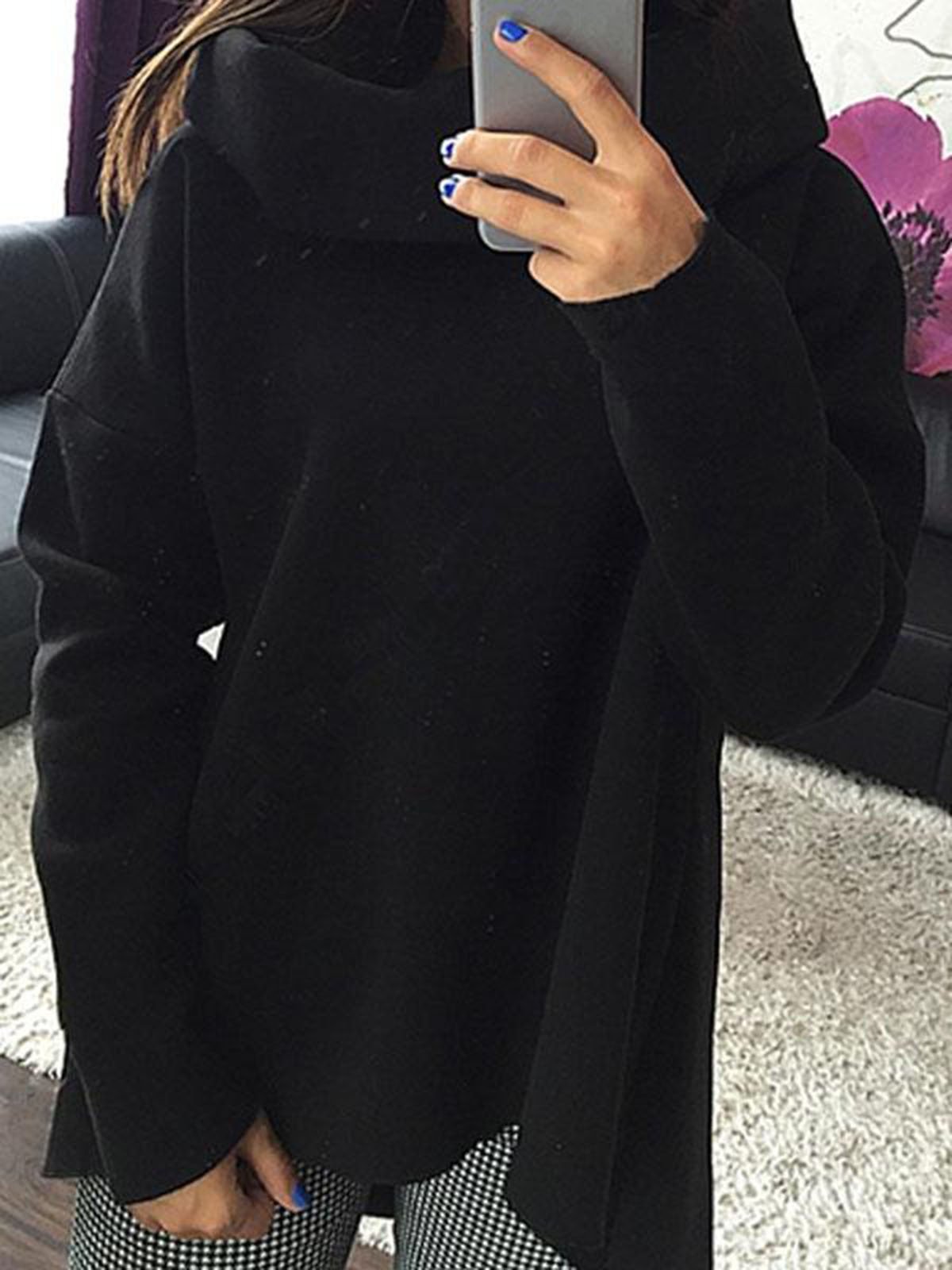 Solid Cotton-blend Casual Cowl Neck Sweatshirt