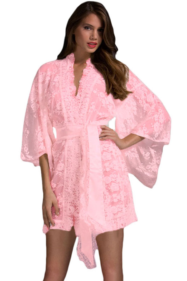 Pink Belted Lace Kimono Nightwear
