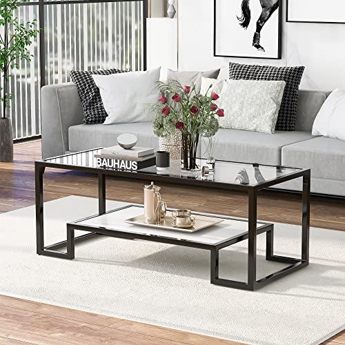 Glass Coffee Table Cocktail Tables, Metal with Stained White Tempered Glass / 2-Tier
