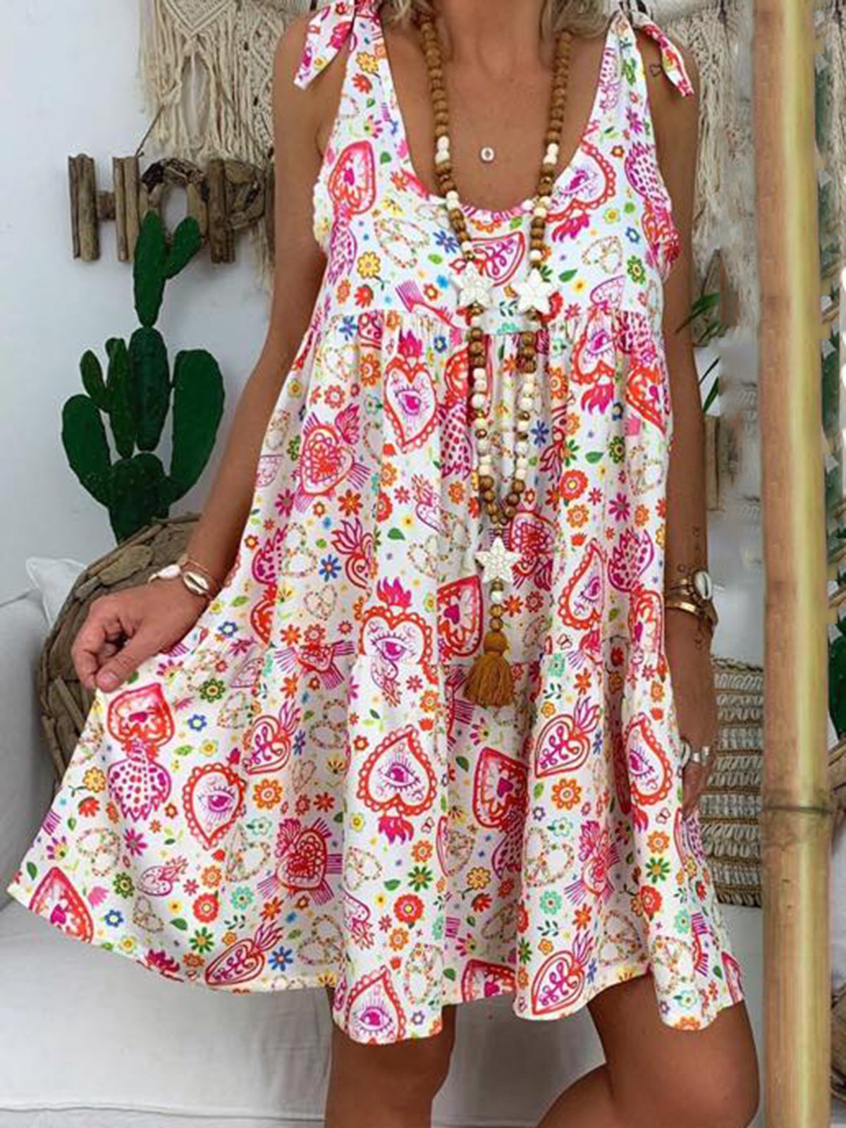 Holiday Floral Printed V-neck Sleeveless Mini Dress