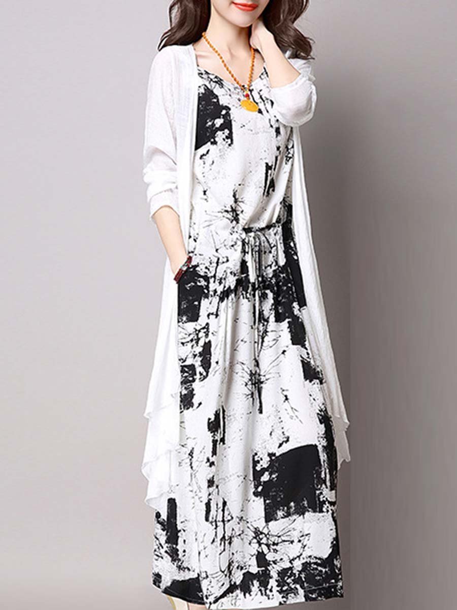 Casual Drawstring Printed Two-Piece Maxi Plus Size Dress