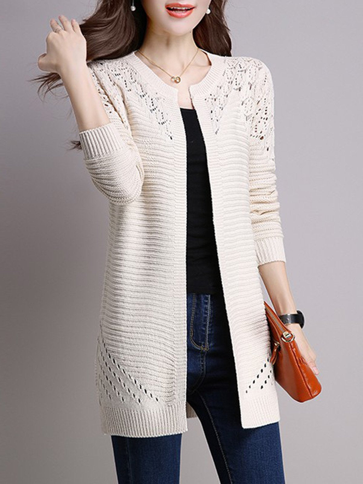 Long Sleeve Crocheted H-line Plus Size Knitted Cardigan