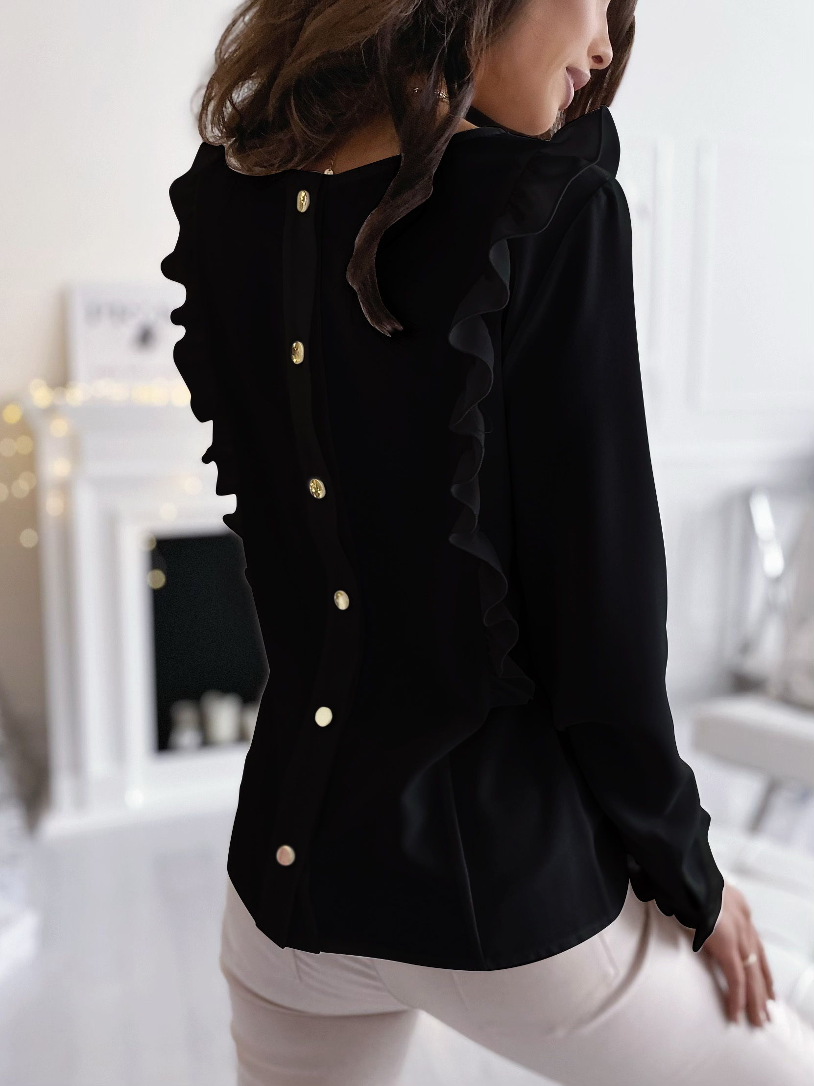 Autumn Solid Plain Back Button Up Ruffle Blouse