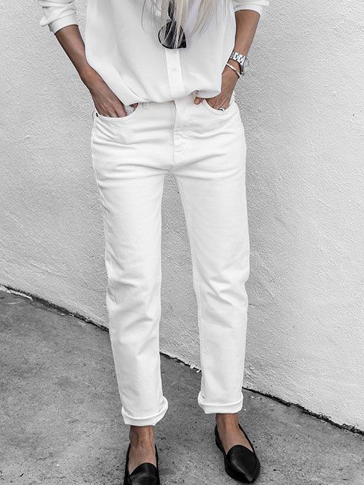 Cotton-Blend Solid Casual Pants