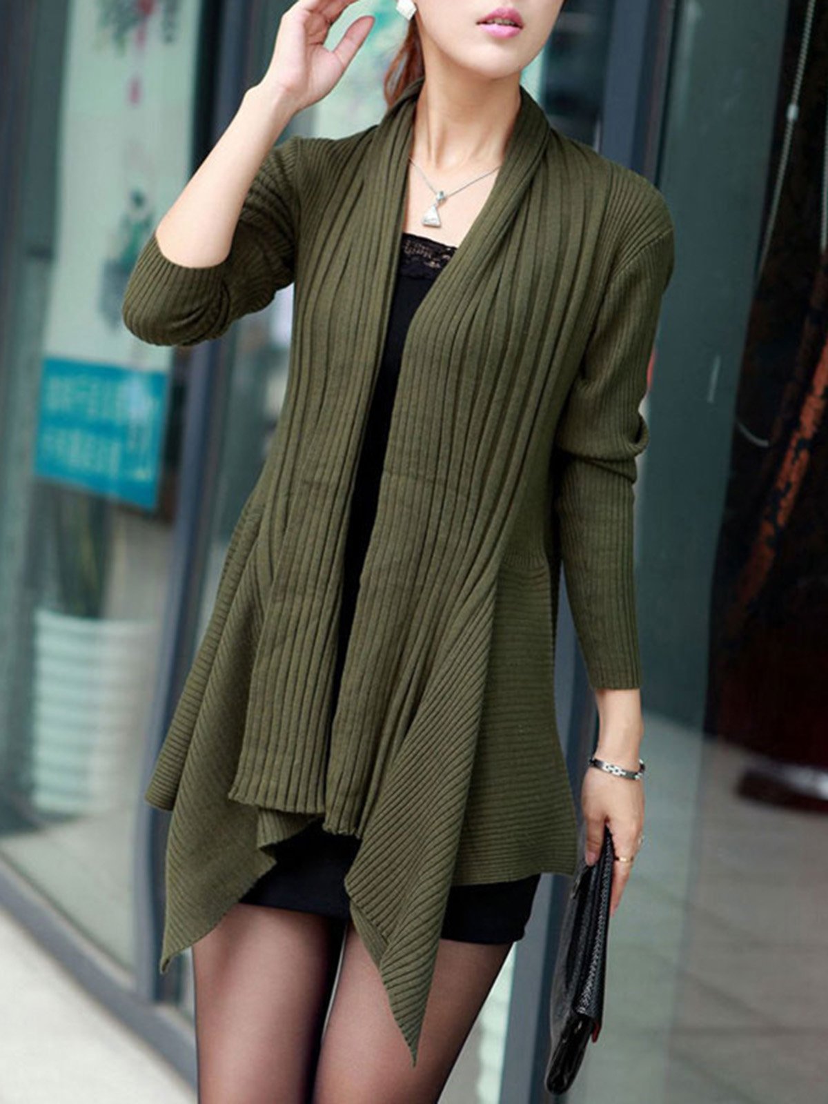 Casual Long Sleeve Ribbed Asymmetrical Cardigan